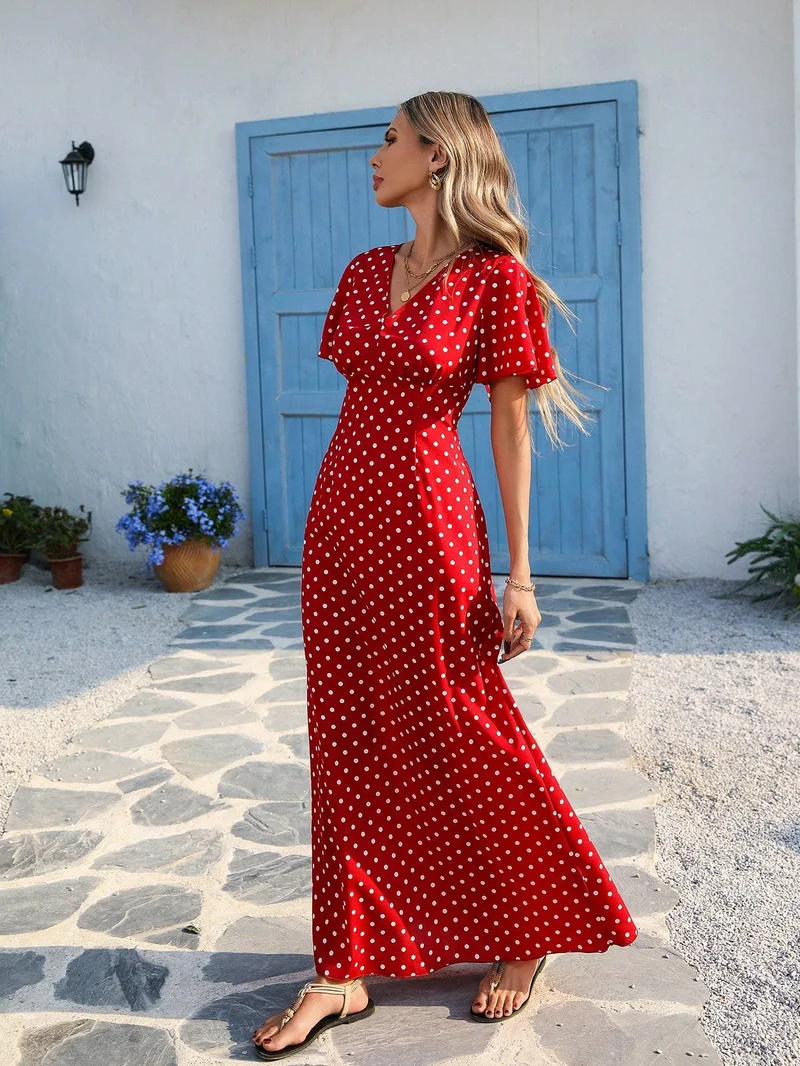 Outzidr  Red V Neck Flared Sleeves Maxi Dress for Women | Best Price UAE